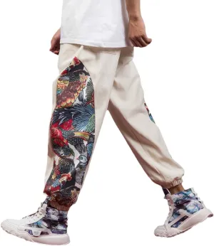 Aoleaky Ethnic Style Patchwork Casual Harem Pants, Chinese Style Oversized Print Joggers, Relaxed Trousers