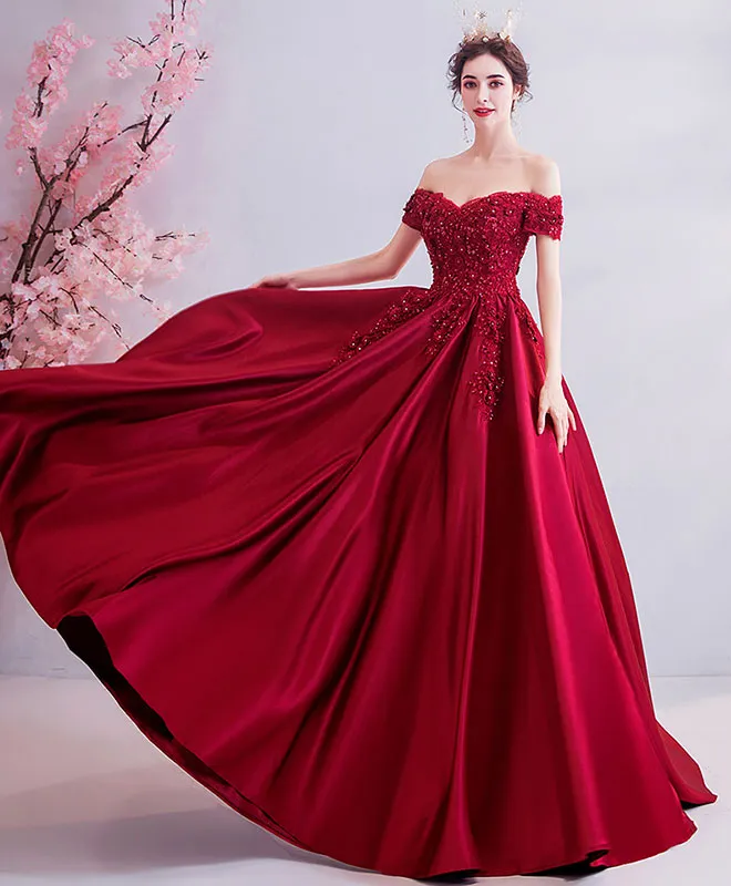 Burgundy Off Shoulder Lace Satin Long Prom Dress Burgundy Evening Dress