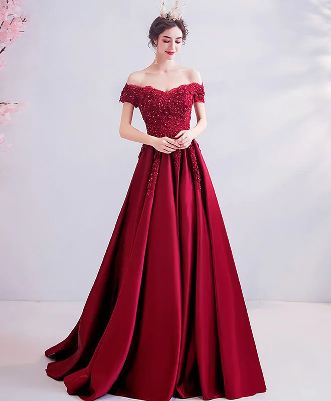 Burgundy Off Shoulder Lace Satin Long Prom Dress Burgundy Evening Dress