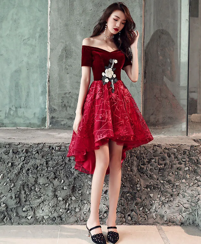 Burgundy Tulle Applique Short Prom Dress, Homecoming Dress