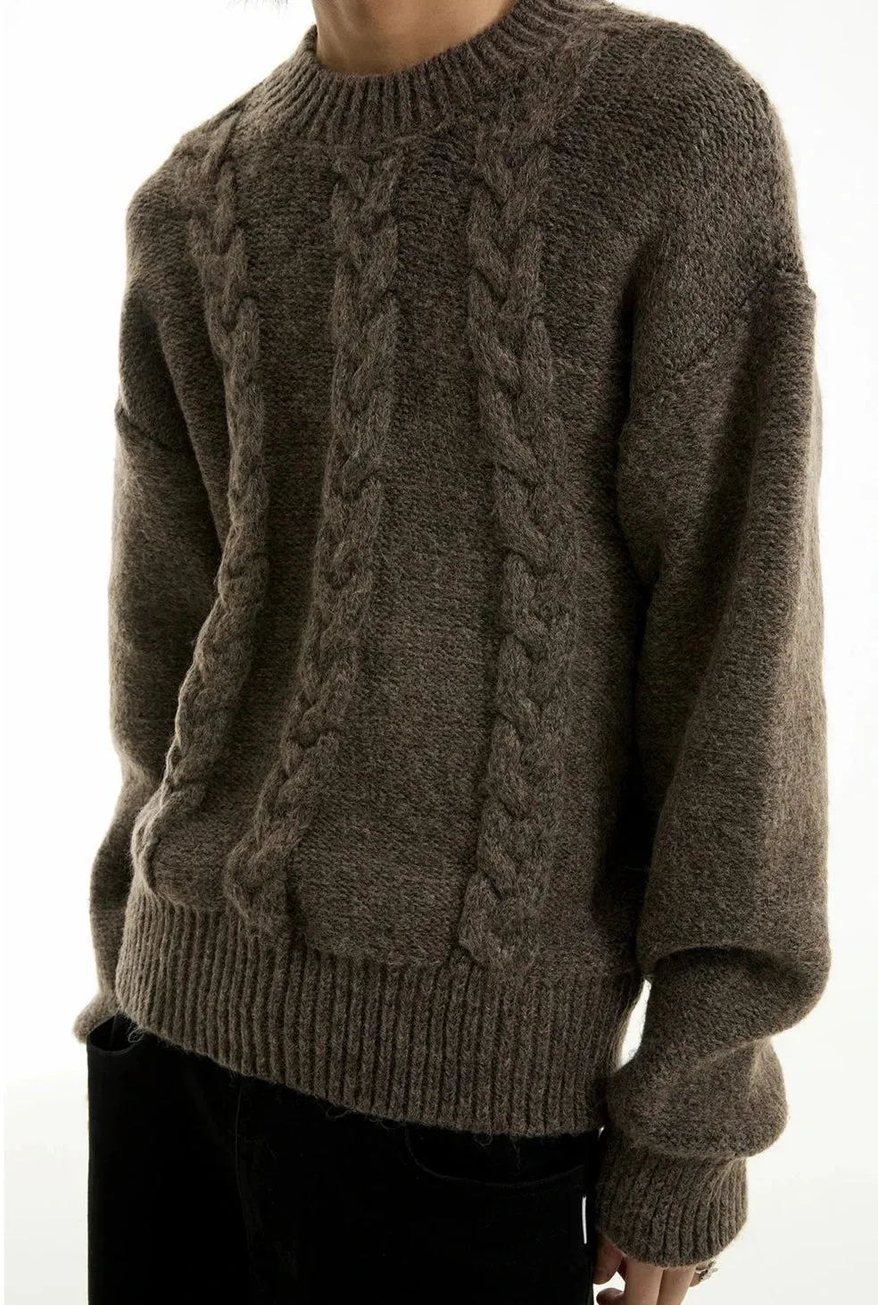 Cable Knit Crewneck Ribbed High-Hem Sweater