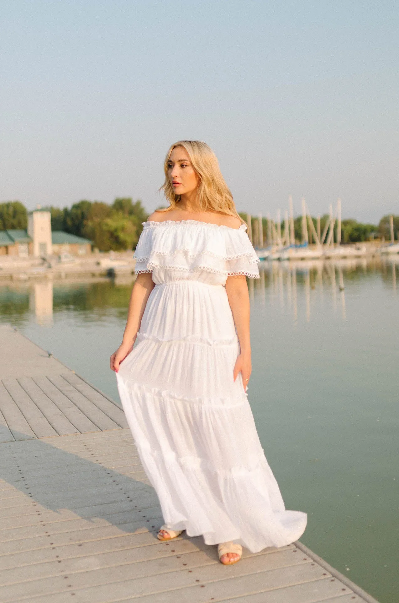 CeCe Off The Shoulder Ruffle Maxi Dress - White