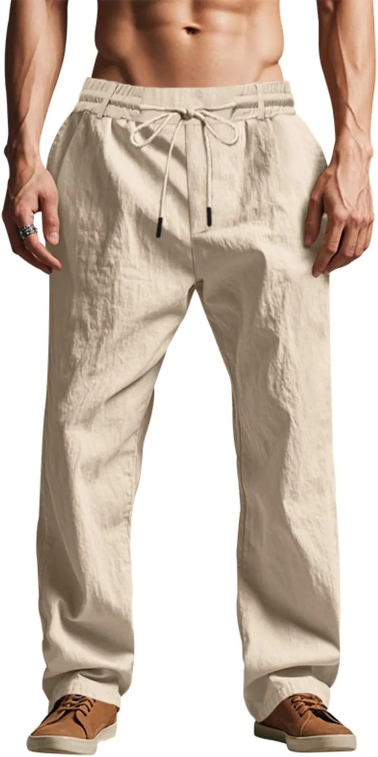 Finelylove Mens Linen Pants Elastic Waist Drawstring Lightweight Casual Pants Relaxed Fit Summer Beach Lounge Travel Trousers