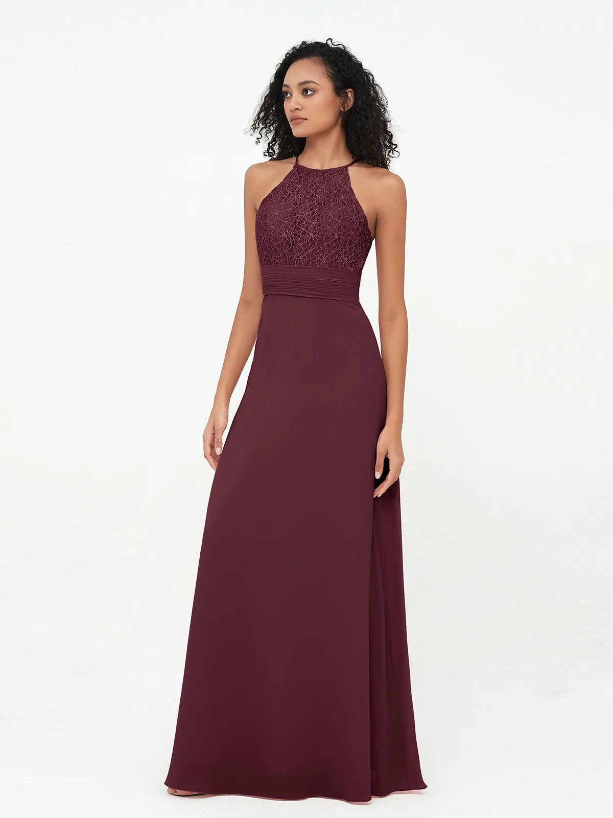 Halter Lace Top and Chiffon Open Back Dresses Cabernet Plus Size