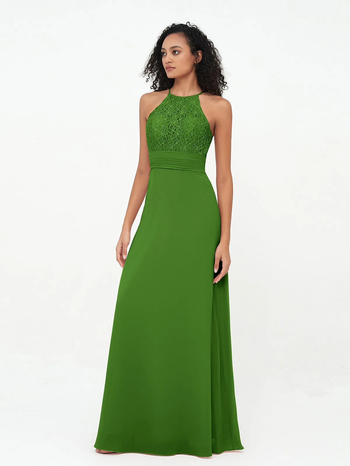 Halter Lace Top and Chiffon Open Back Dresses Moss