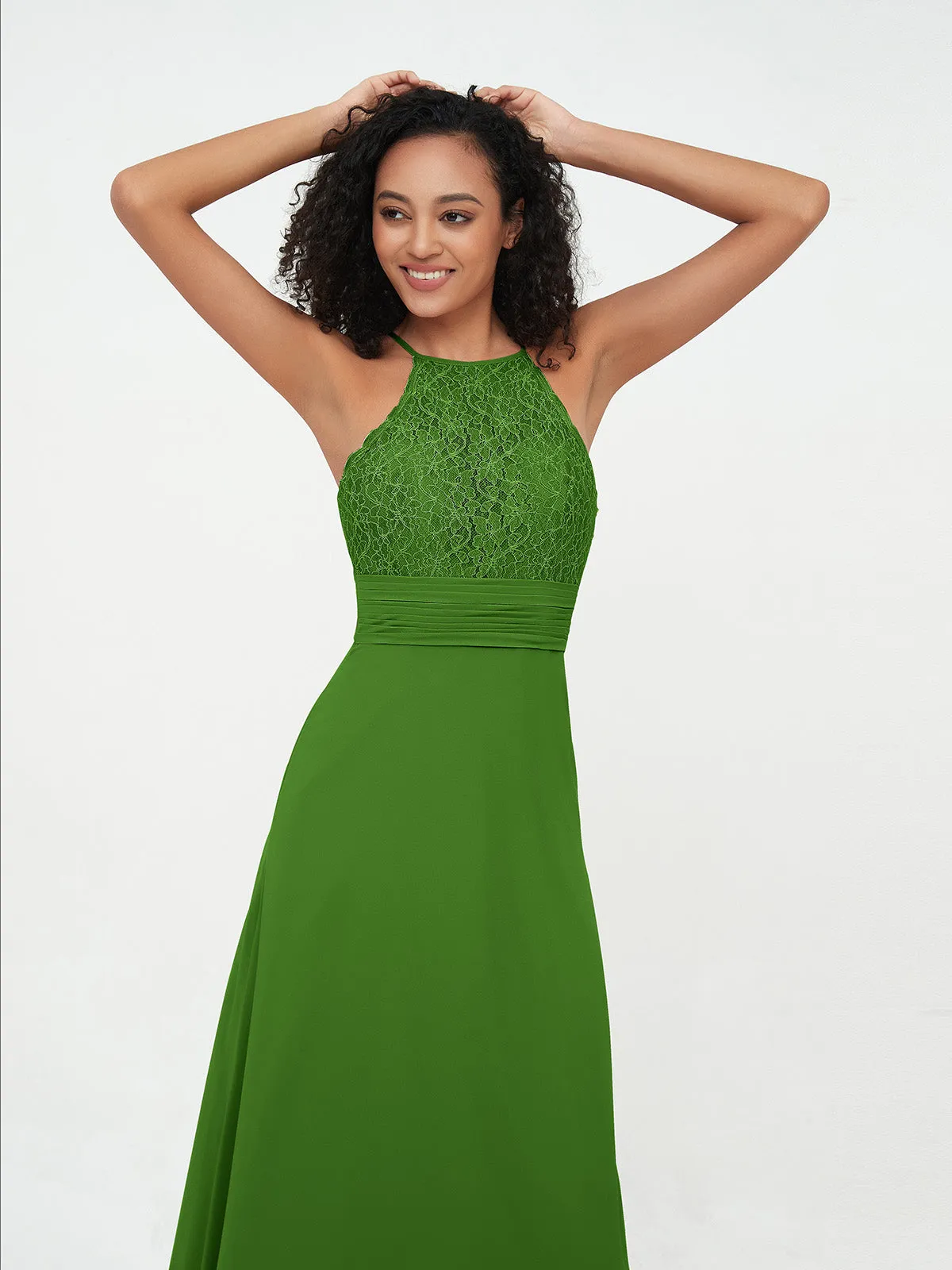 Halter Lace Top and Chiffon Open Back Dresses Moss