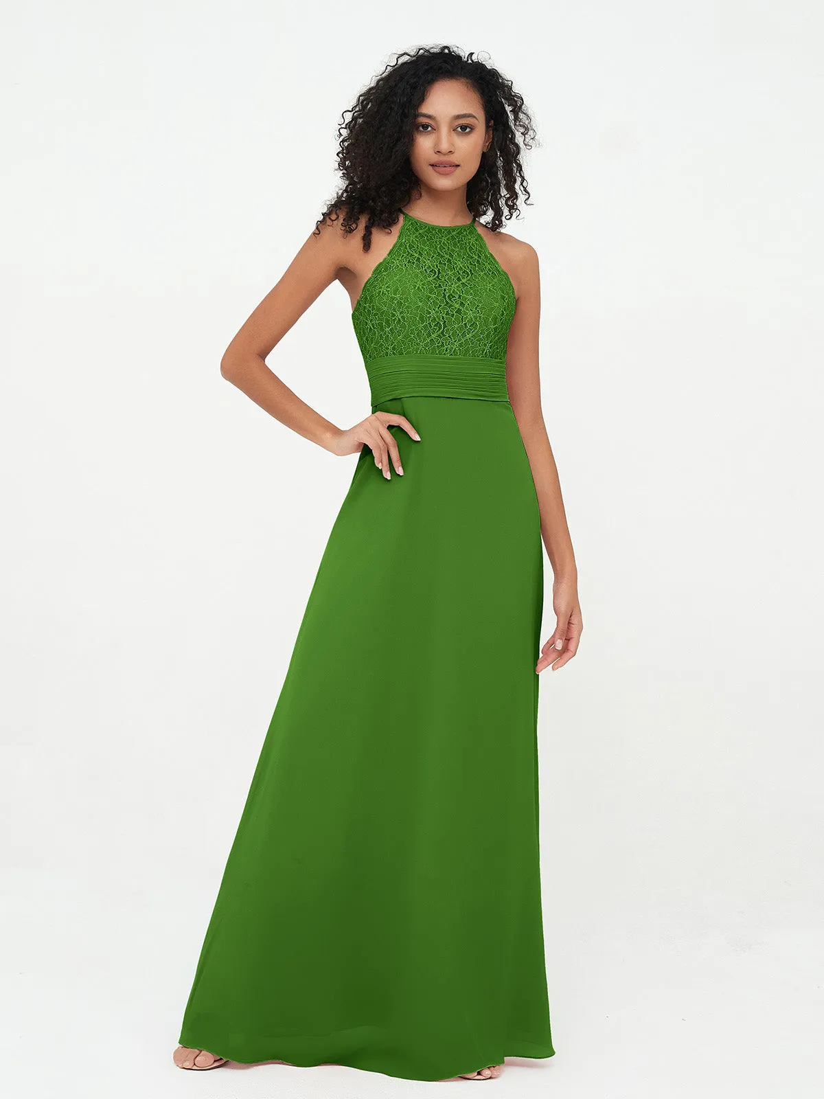 Halter Lace Top and Chiffon Open Back Dresses Moss