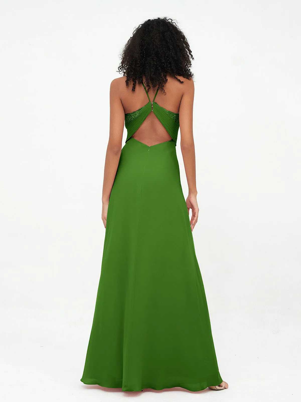 Halter Lace Top and Chiffon Open Back Dresses Moss