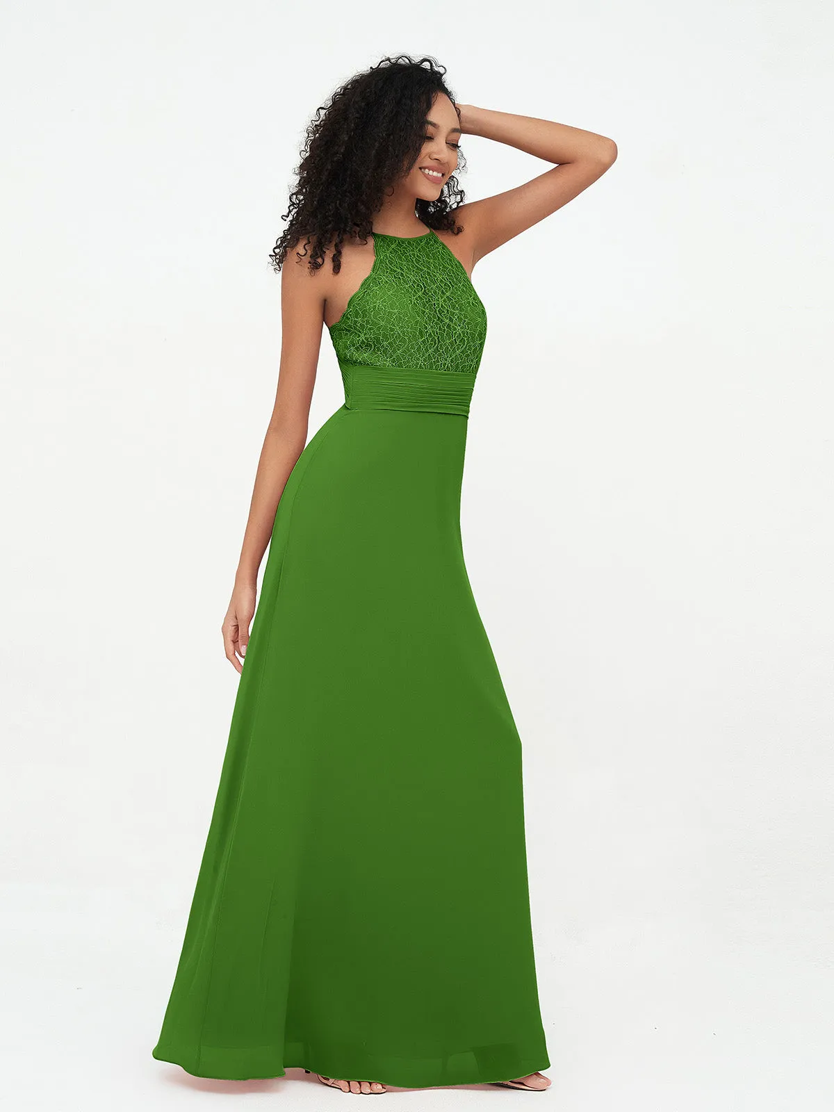 Halter Lace Top and Chiffon Open Back Dresses Moss