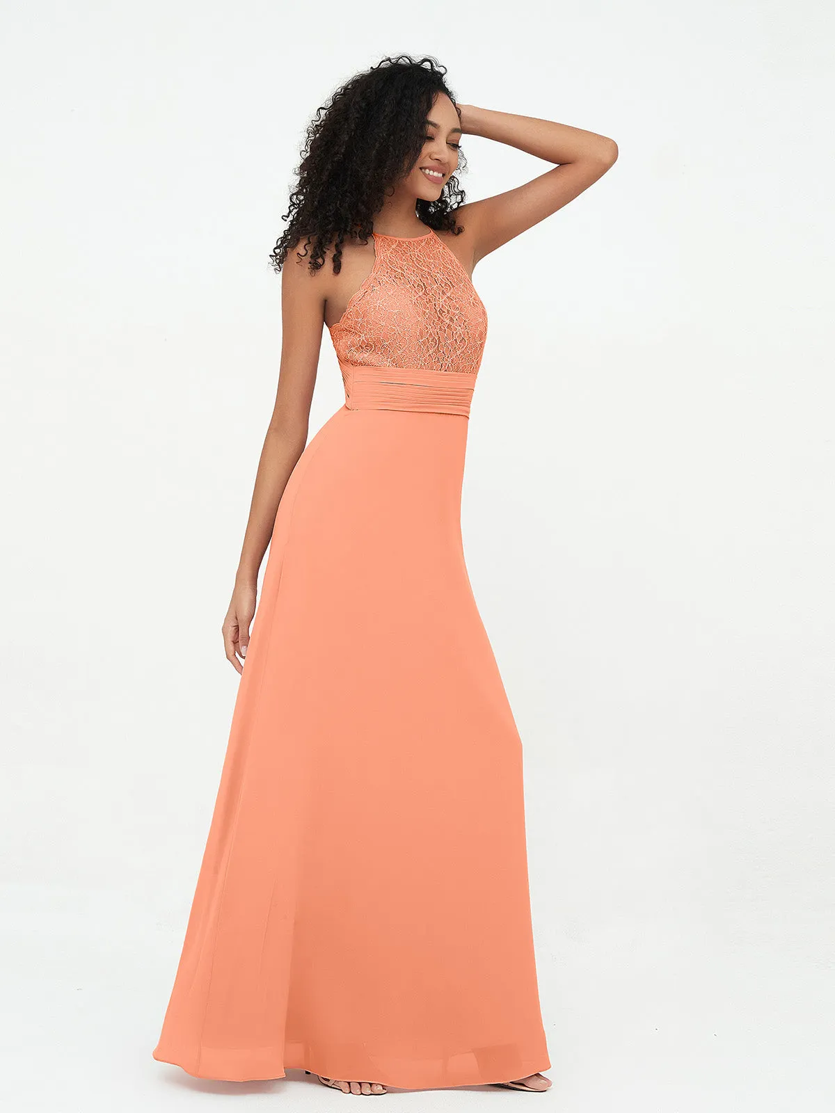 Halter Lace Top and Chiffon Open Back Dresses Papaya