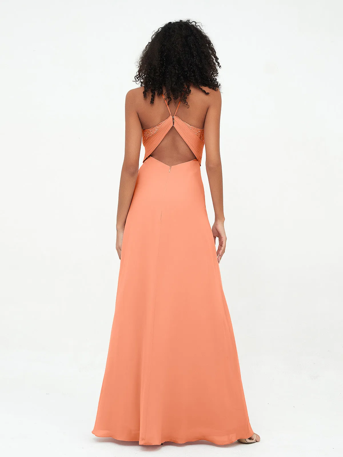 Halter Lace Top and Chiffon Open Back Dresses Papaya