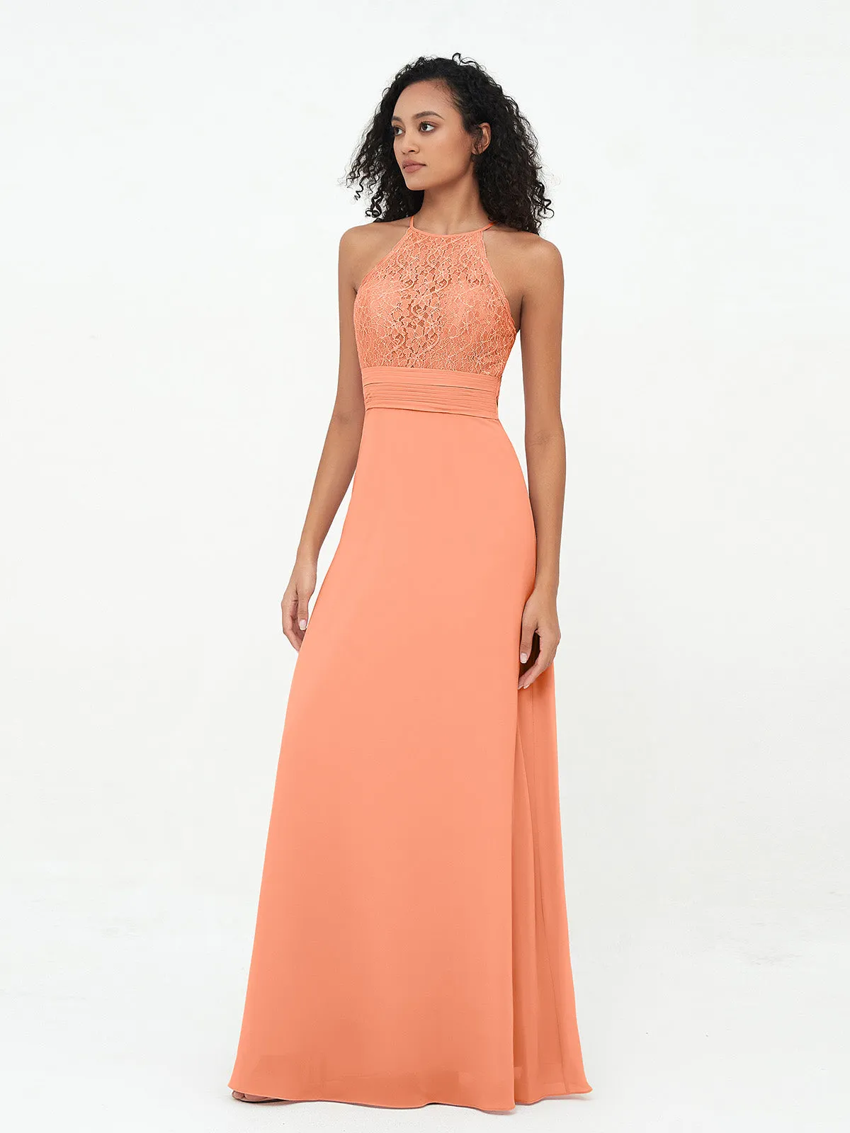 Halter Lace Top and Chiffon Open Back Dresses Papaya