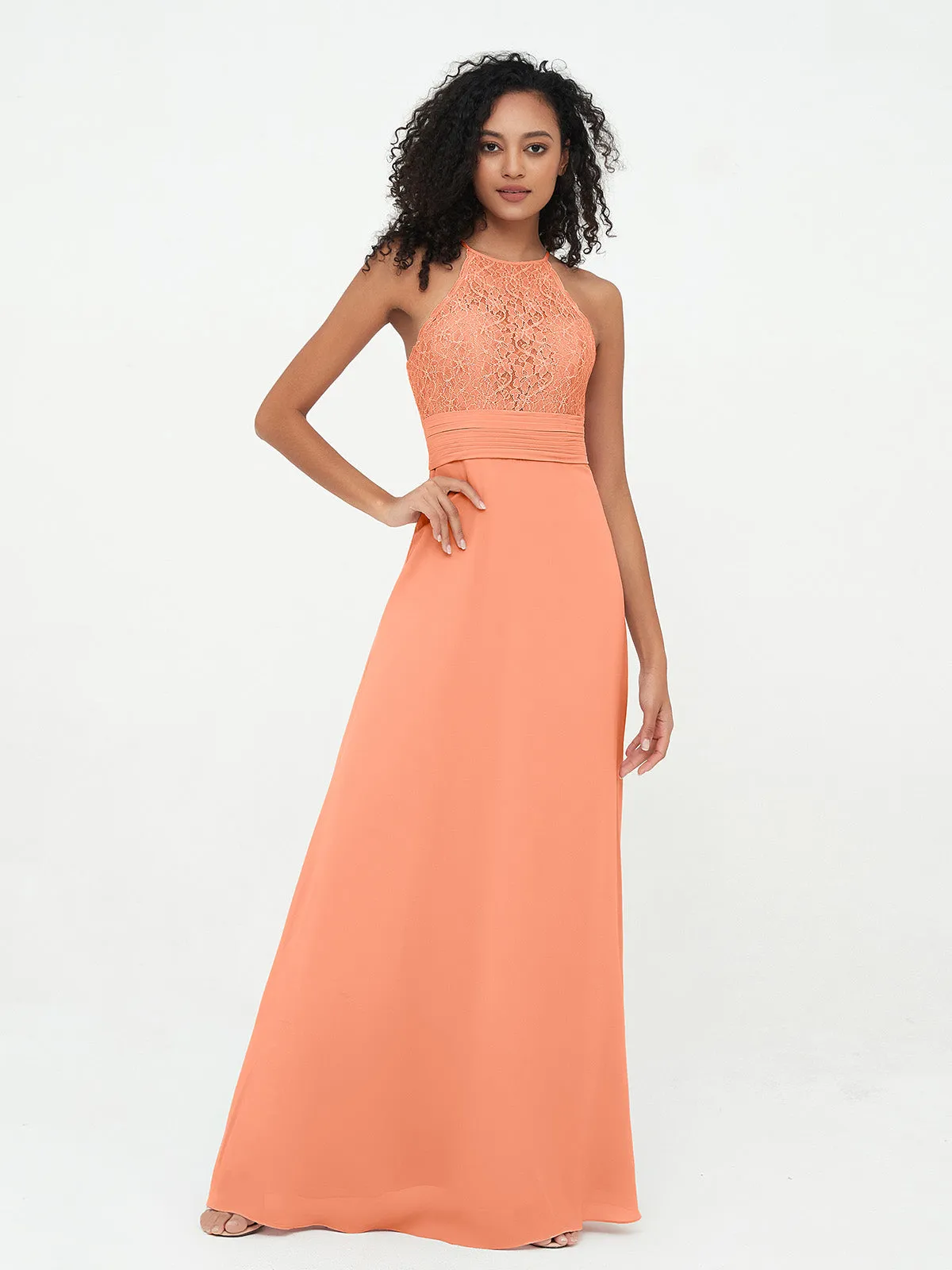Halter Lace Top and Chiffon Open Back Dresses Papaya