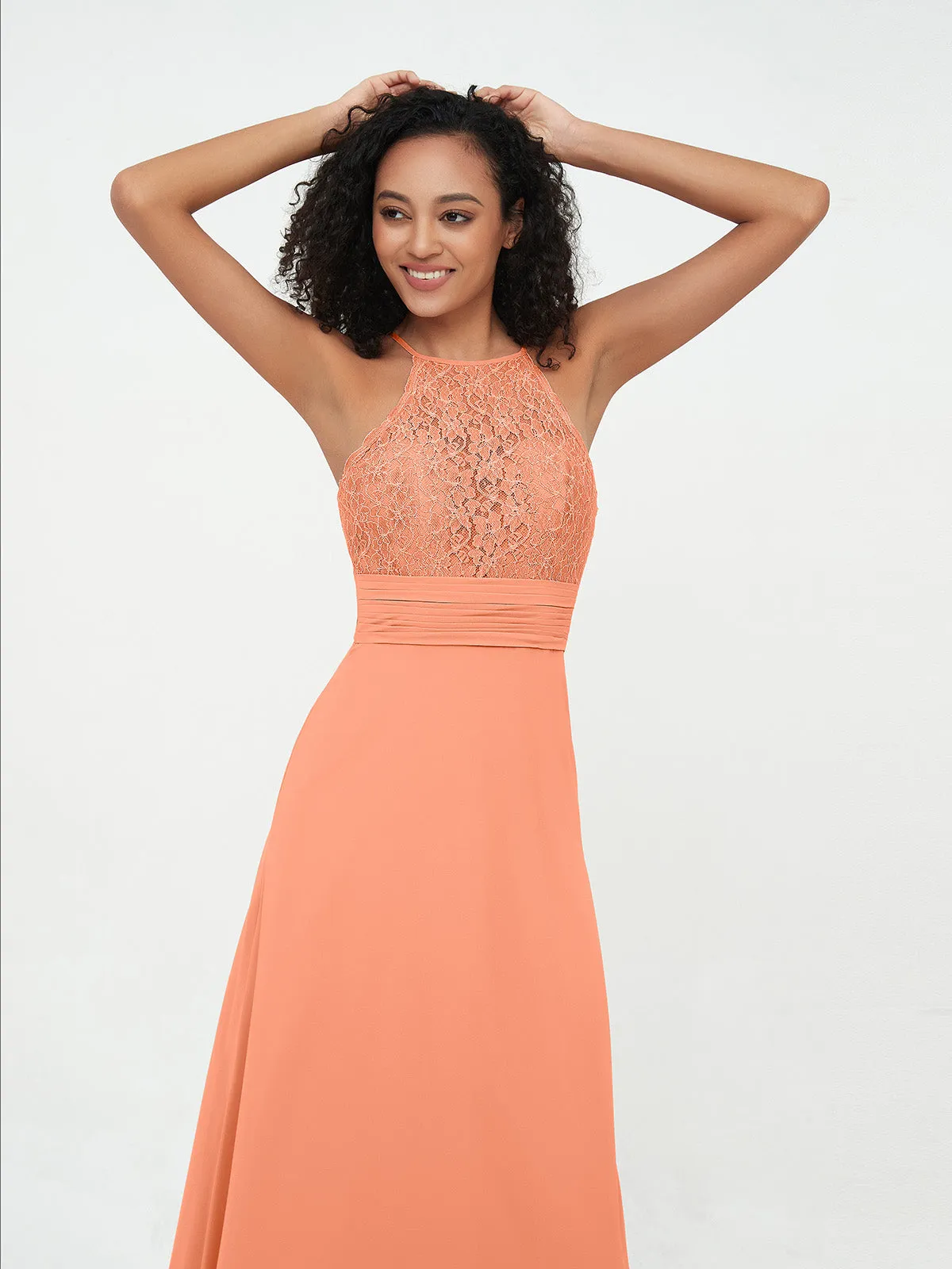 Halter Lace Top and Chiffon Open Back Dresses Papaya
