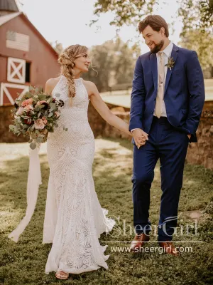 Halter Neck Boho Wedding Dress Bohemian Lace Mermaid Wedding Gown AWD2041