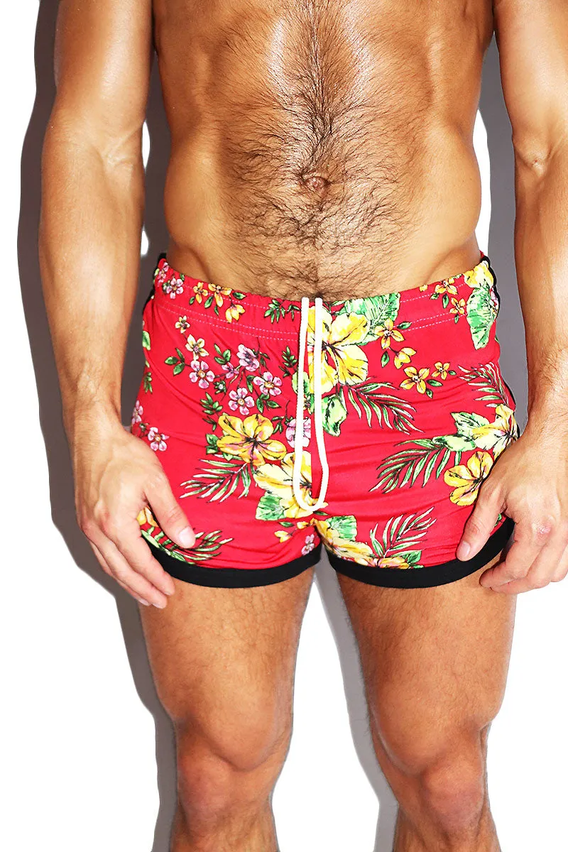 Kauai Floral Running Shorts- Red
