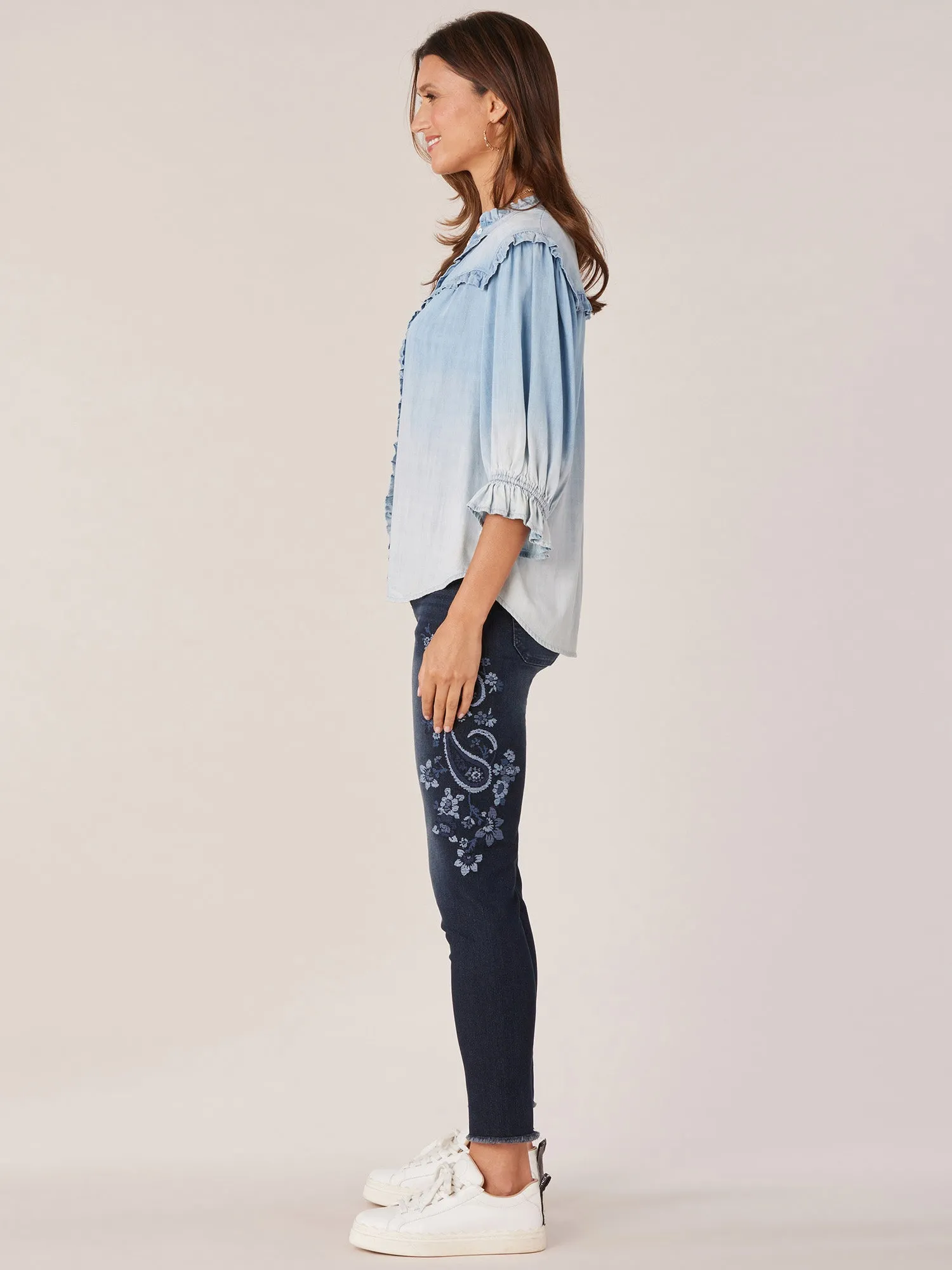 Lantern Sleeve Ruffle Edge Stand Collar Half Placket Woven Top