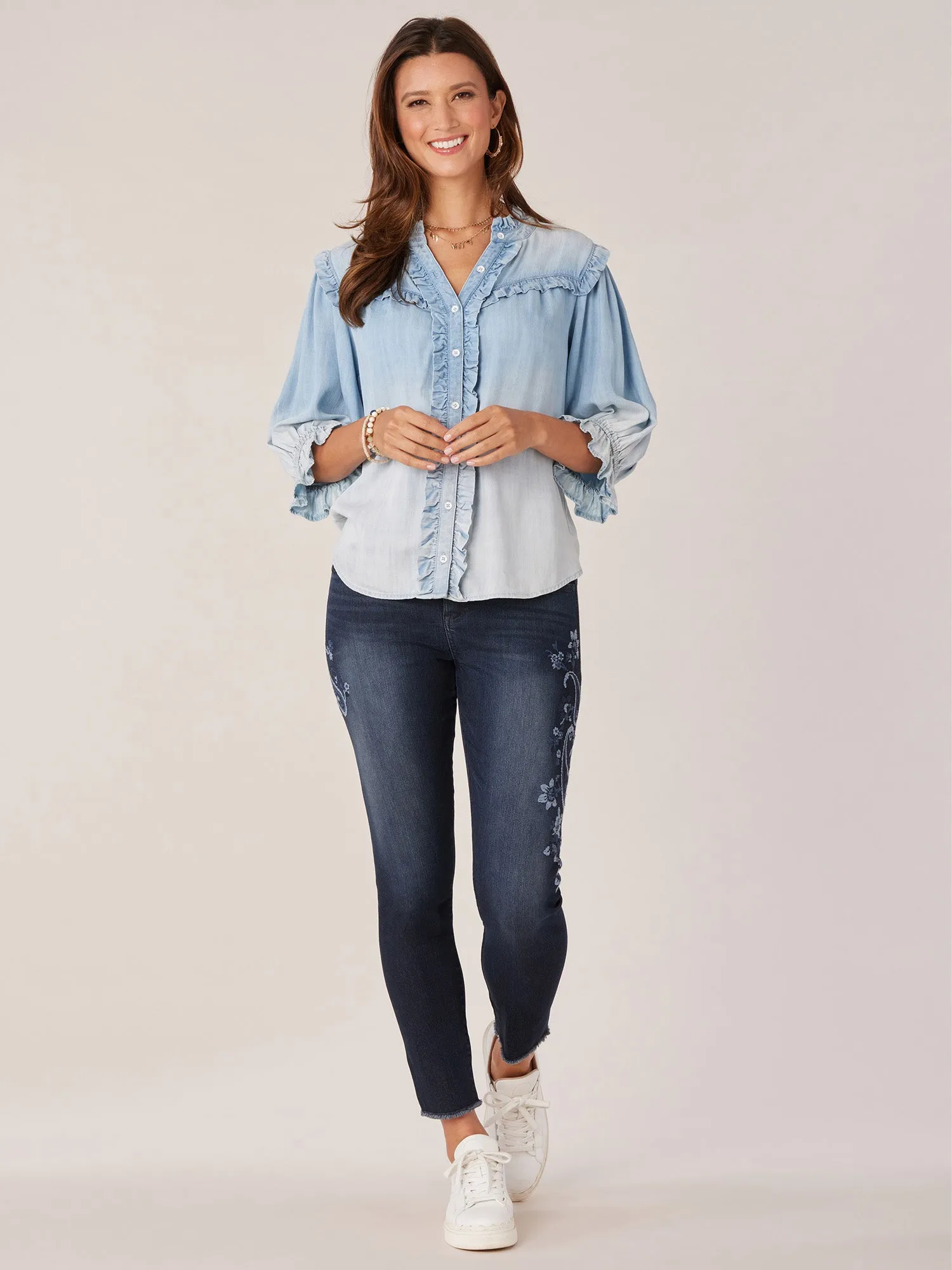 Lantern Sleeve Ruffle Edge Stand Collar Half Placket Woven Top