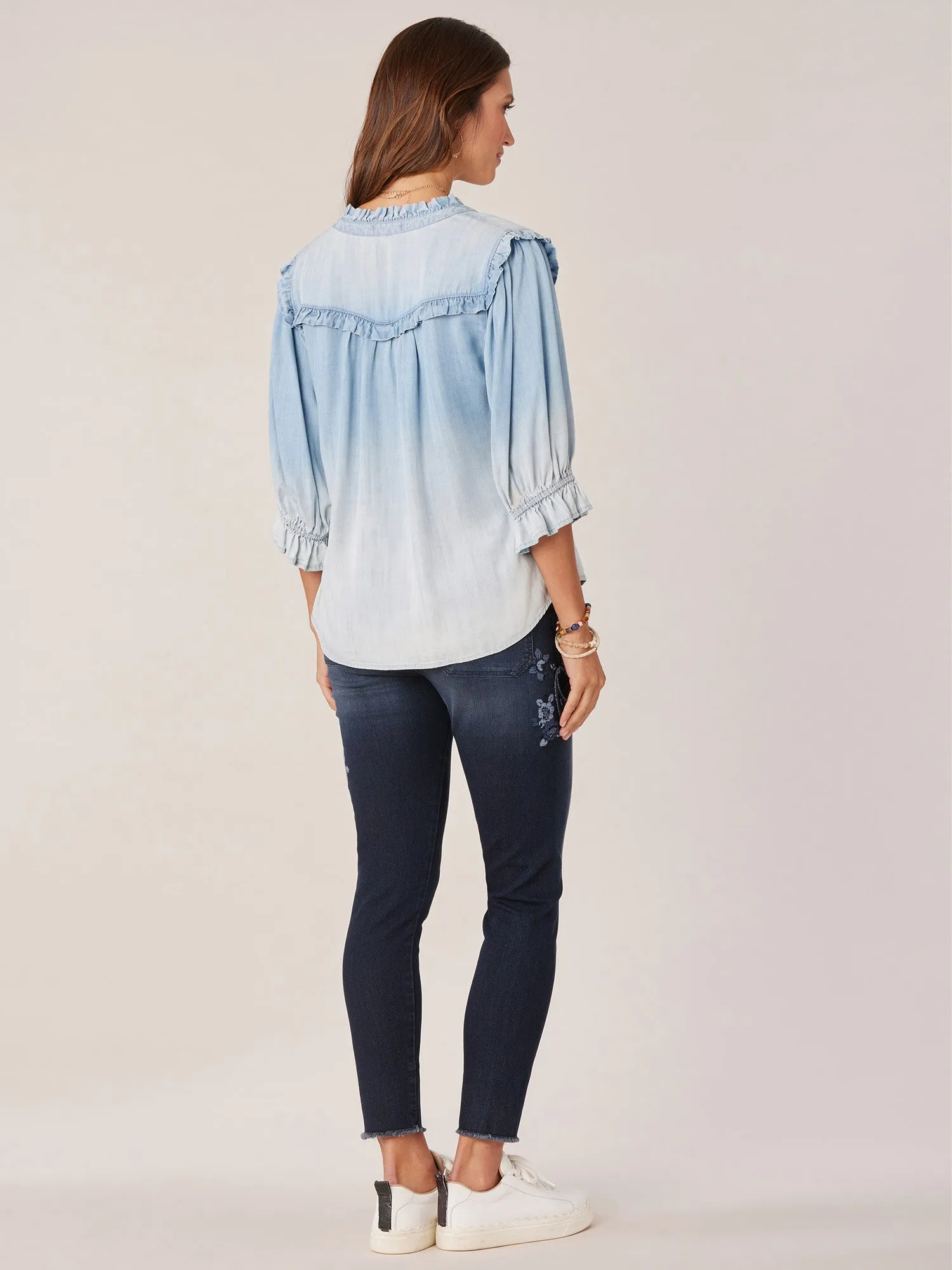 Lantern Sleeve Ruffle Edge Stand Collar Half Placket Woven Top
