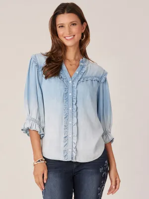 Lantern Sleeve Ruffle Edge Stand Collar Half Placket Woven Top