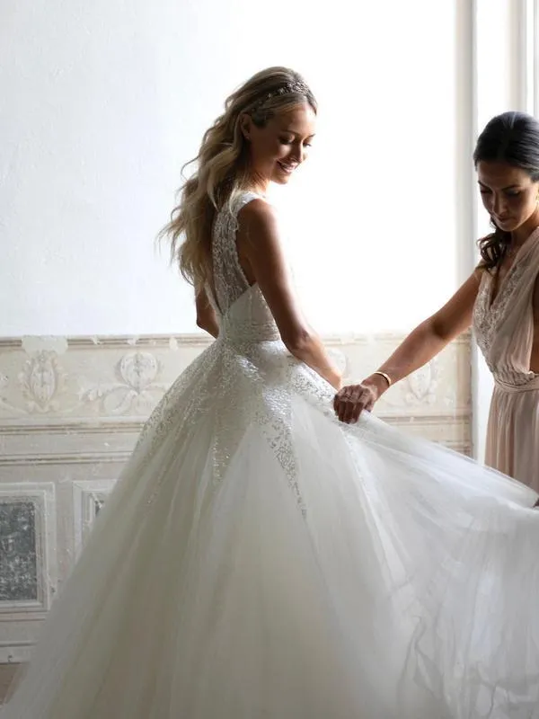 Luolandi Charming A Line Sequins Lace V Neck Chapel Train Wedding Dresses Sexy