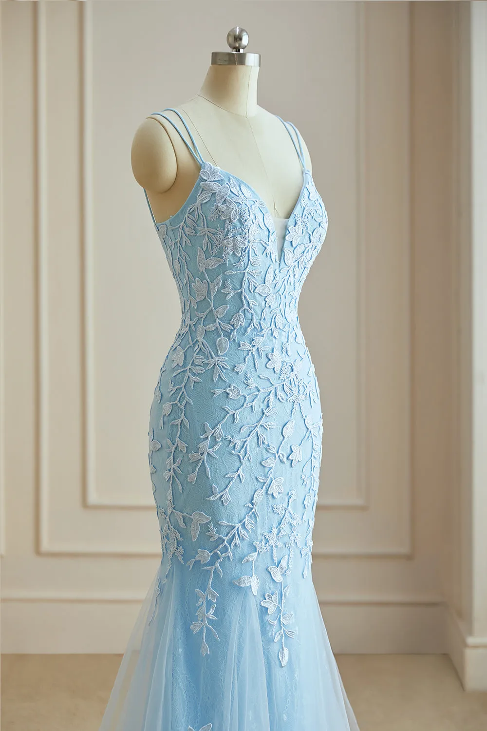 Luolandi Mermaid Spaghetti Straps Lace Appliques Prom Dresses Long Formal Dress V-neck
