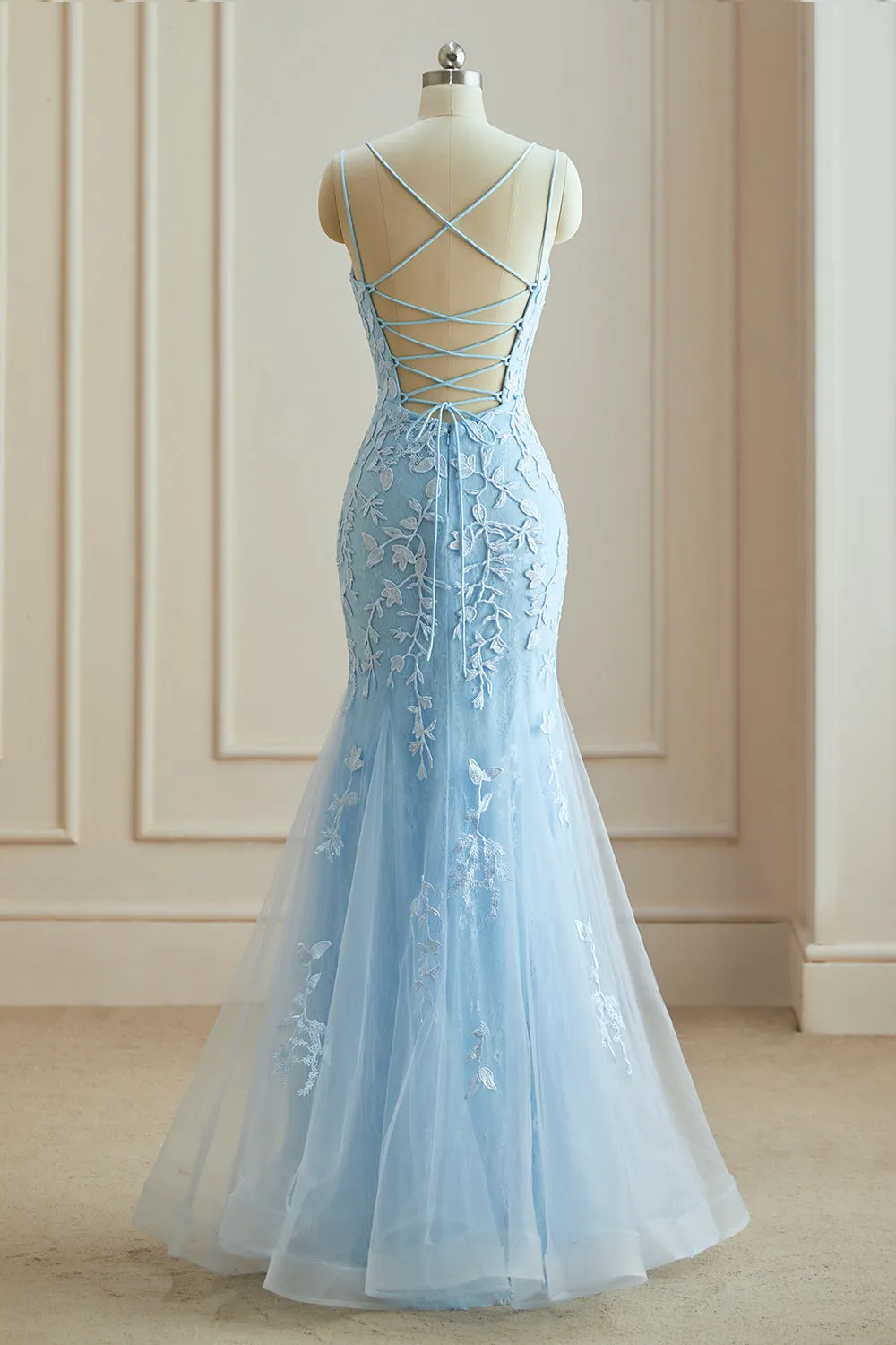 Luolandi Mermaid Spaghetti Straps Lace Appliques Prom Dresses Long Formal Dress V-neck
