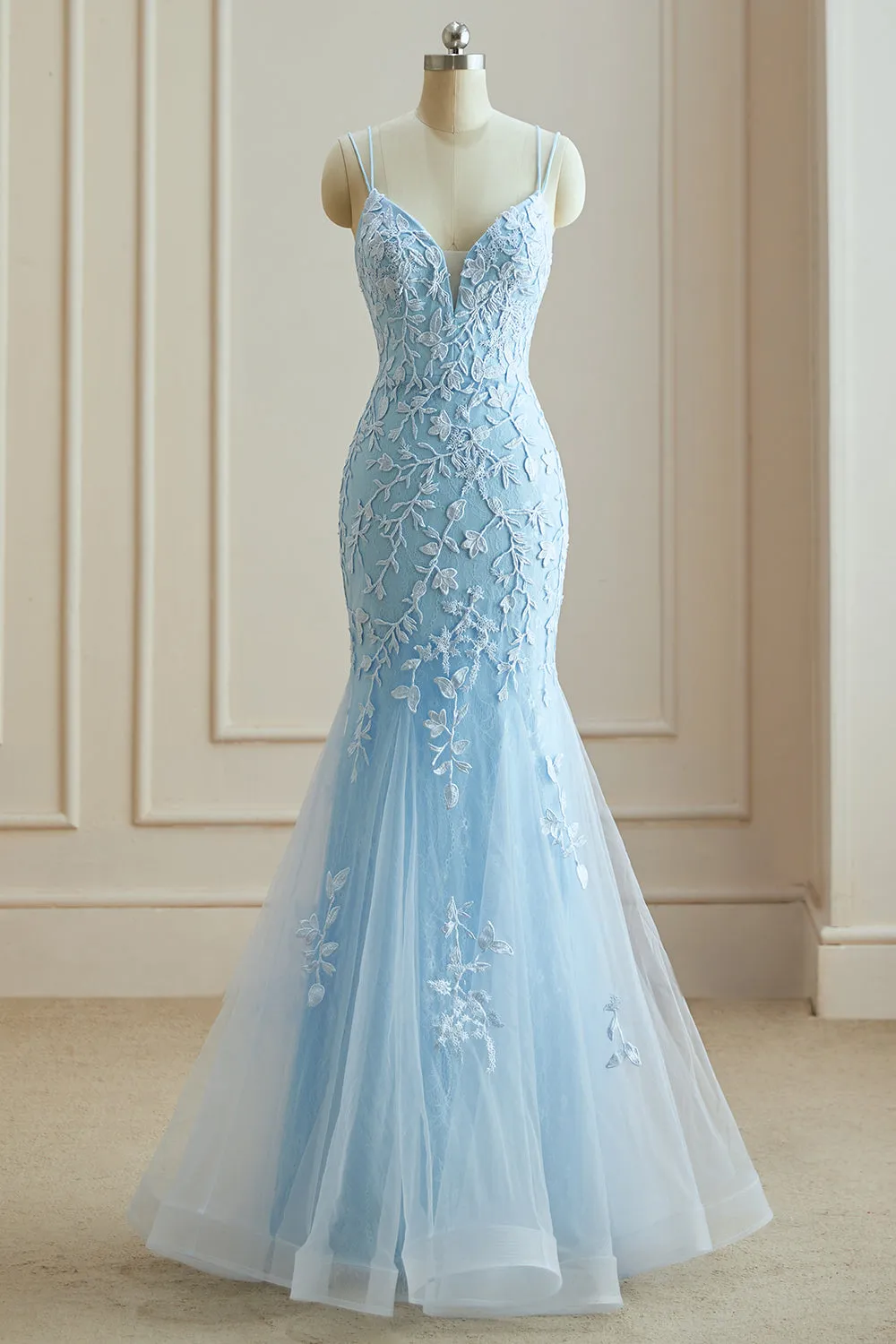 Luolandi Mermaid Spaghetti Straps Lace Appliques Prom Dresses Long Formal Dress V-neck