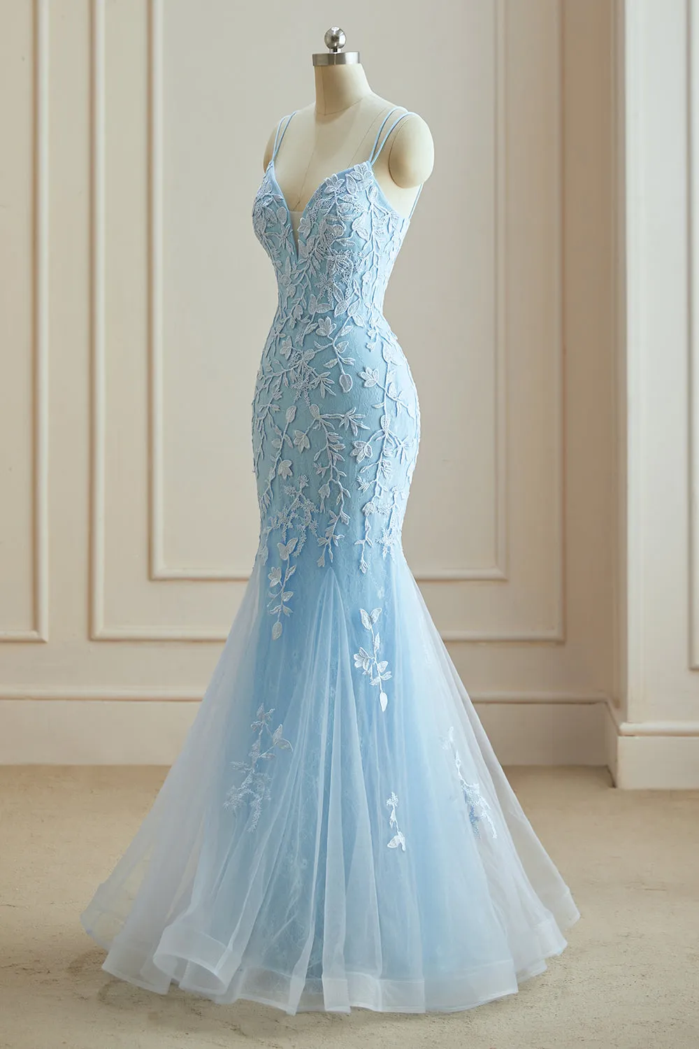 Luolandi Mermaid Spaghetti Straps Lace Appliques Prom Dresses Long Formal Dress V-neck