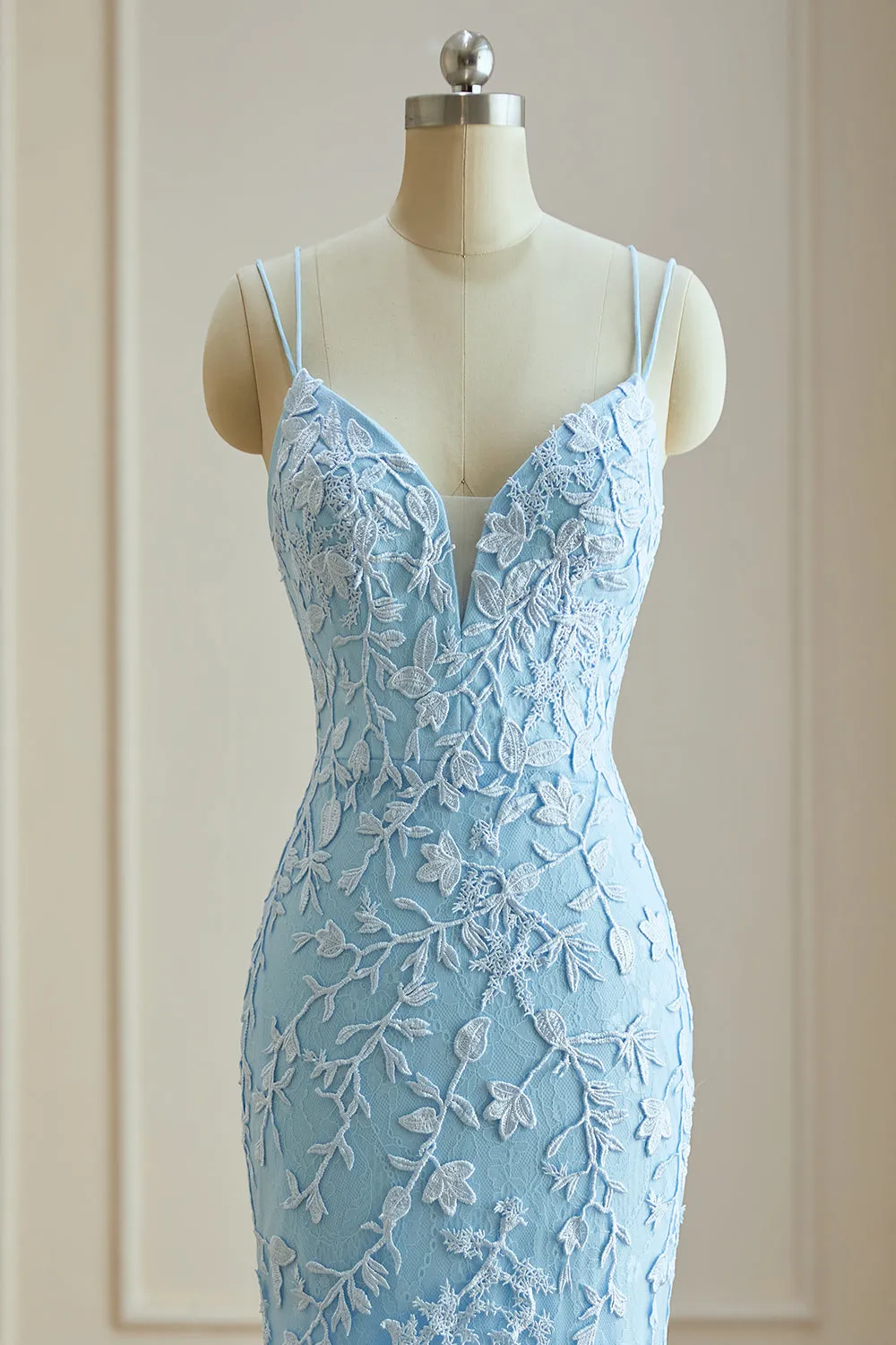 Luolandi Mermaid Spaghetti Straps Lace Appliques Prom Dresses Long Formal Dress V-neck