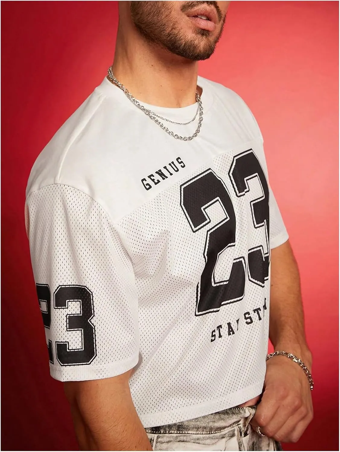 Men's Number Letter Graphic Oversized Jersey Shirt Crew Neck Short Sleeve Crop Tee Tops