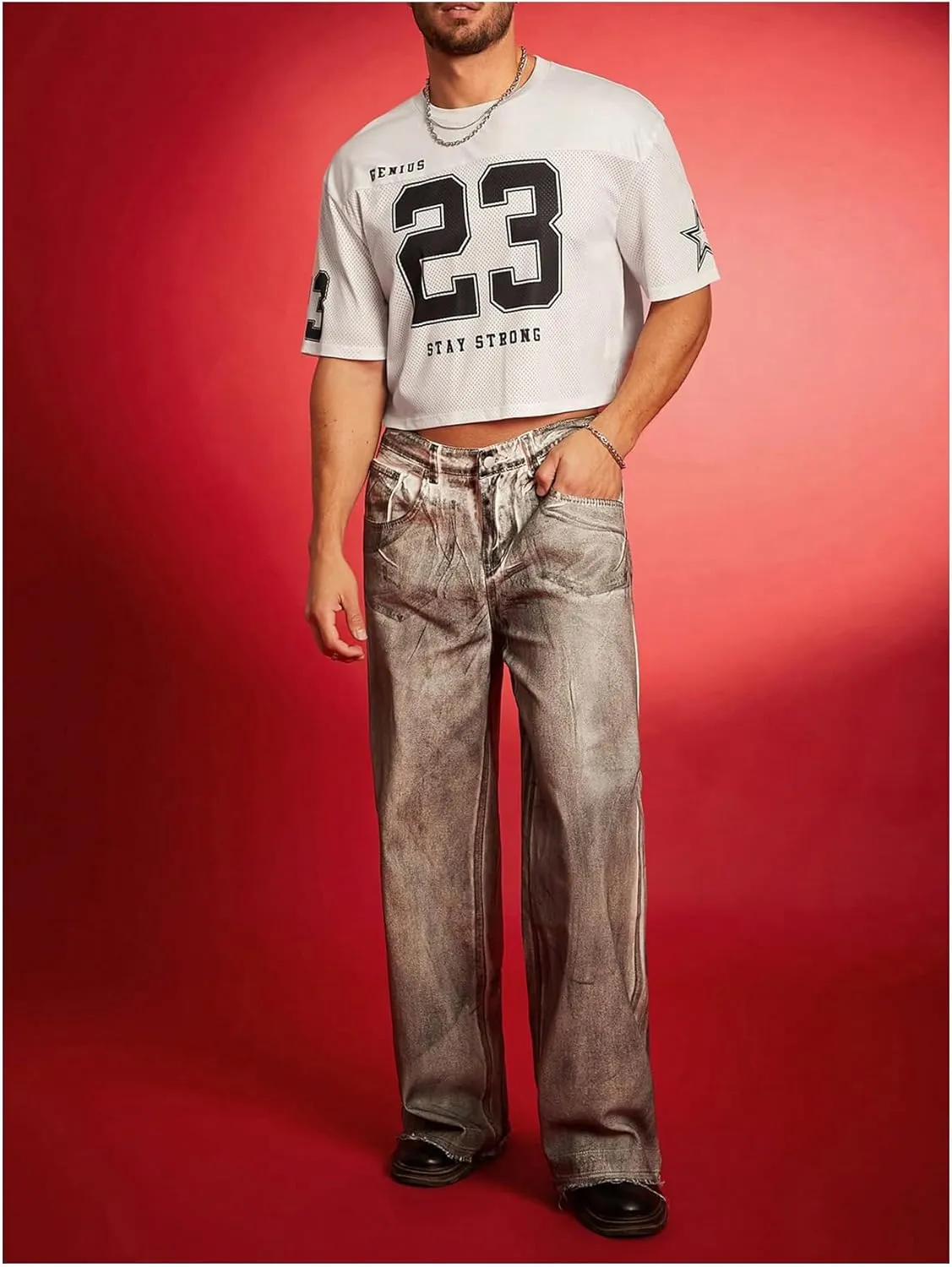 Men's Number Letter Graphic Oversized Jersey Shirt Crew Neck Short Sleeve Crop Tee Tops