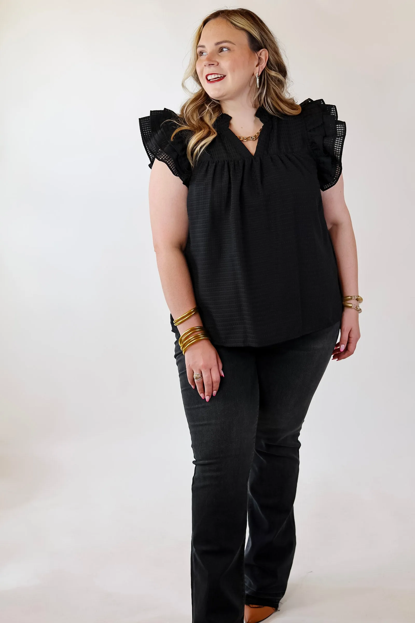 Perfectly Fabulous Ruffle Cap Sleeve Top in Black