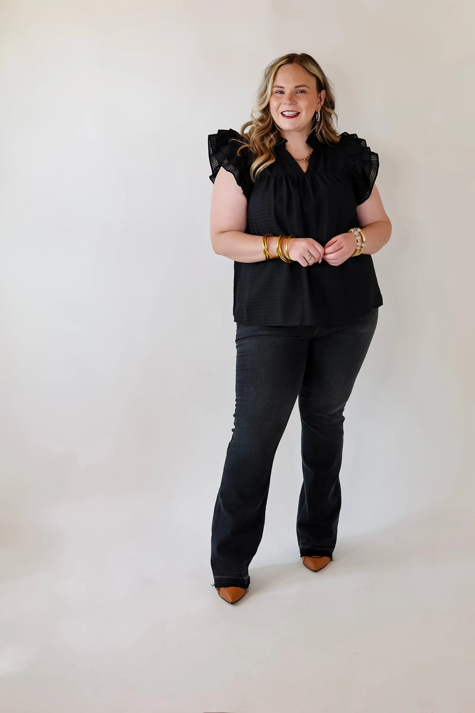 Perfectly Fabulous Ruffle Cap Sleeve Top in Black