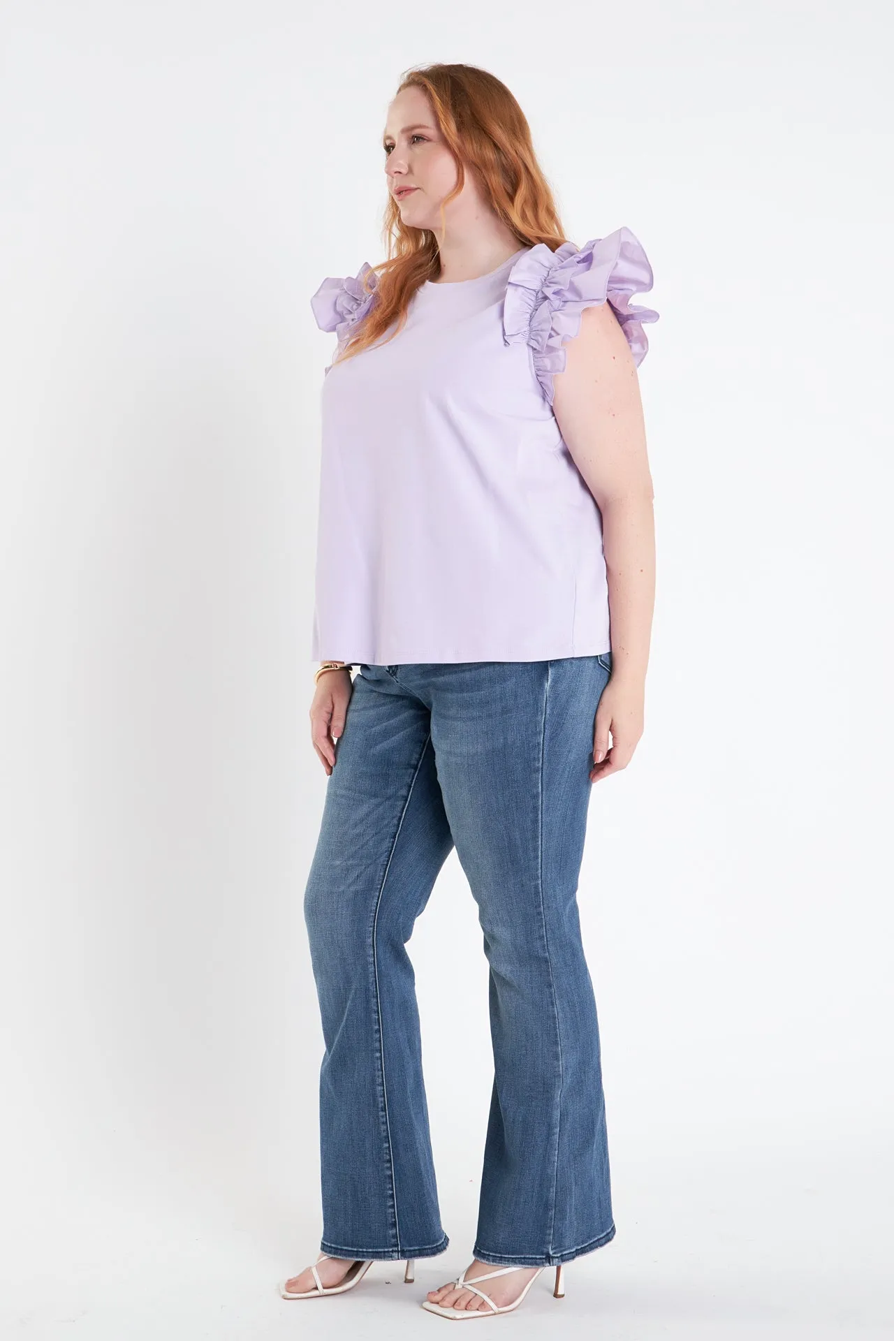 Plus Size Mixed Media Ruffle Detail T-Shirt