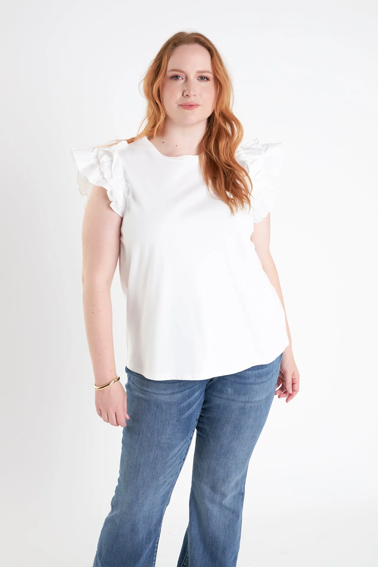 Plus Size Mixed Media Ruffle Detail T-Shirt