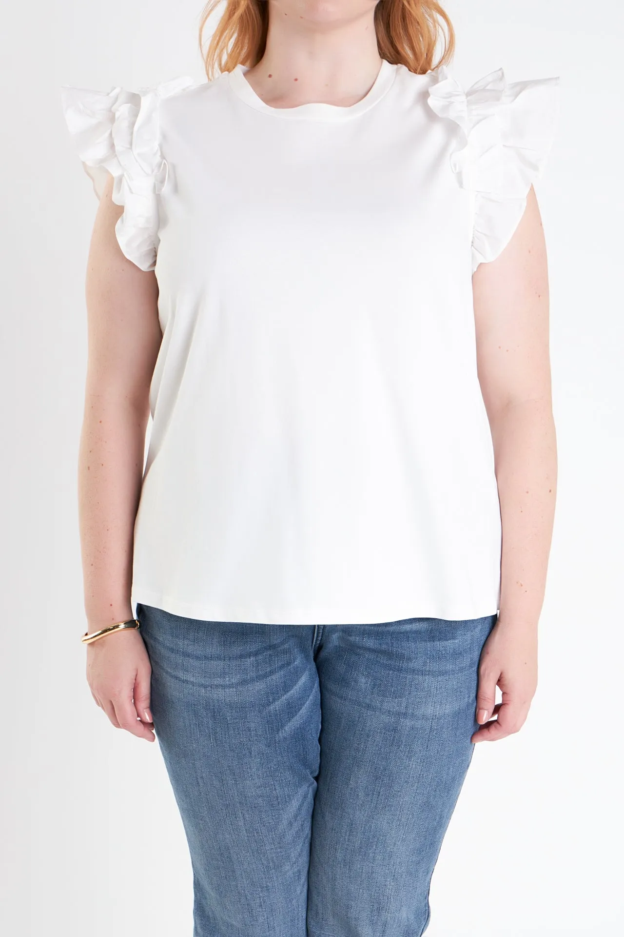 Plus Size Mixed Media Ruffle Detail T-Shirt