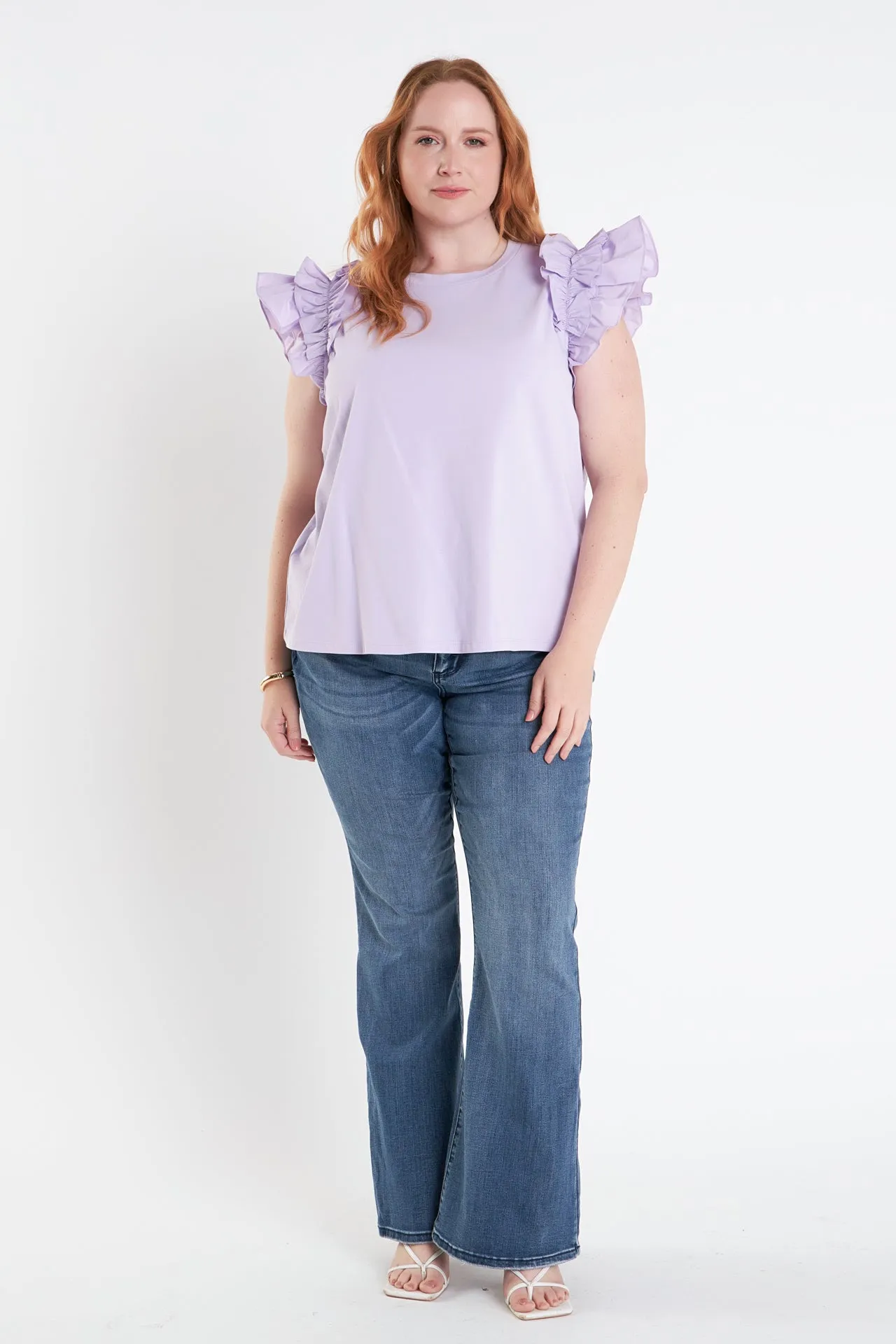 Plus Size Mixed Media Ruffle Detail T-Shirt