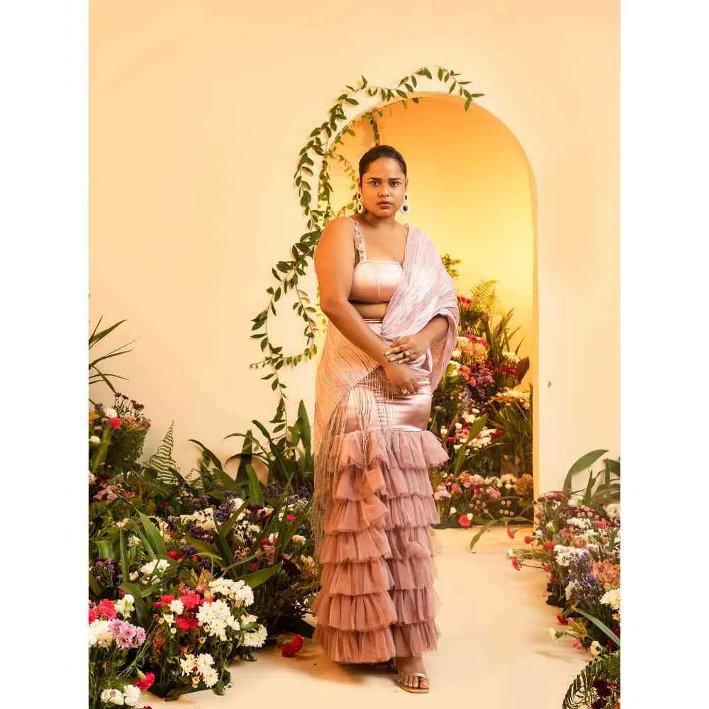 Saanjh by Lea HeerMauve Ruffled Tulle Organza Saree