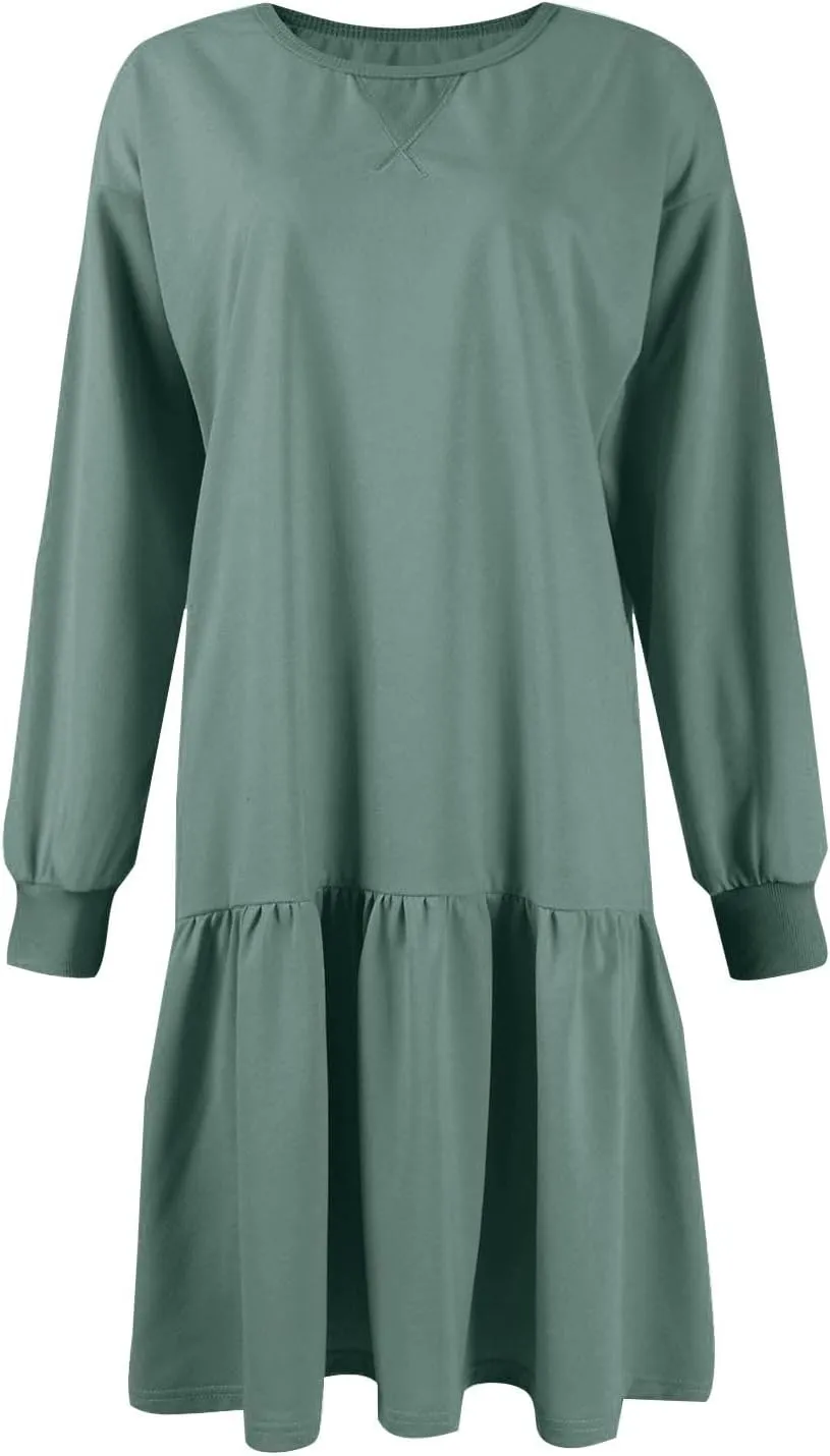 slqdgmryz Sweatshirt Dress Women Fall Crewneck Sweatshirts Oversized Long Sleeve Mini Dress Ruffle Patchwork Sweatshirt