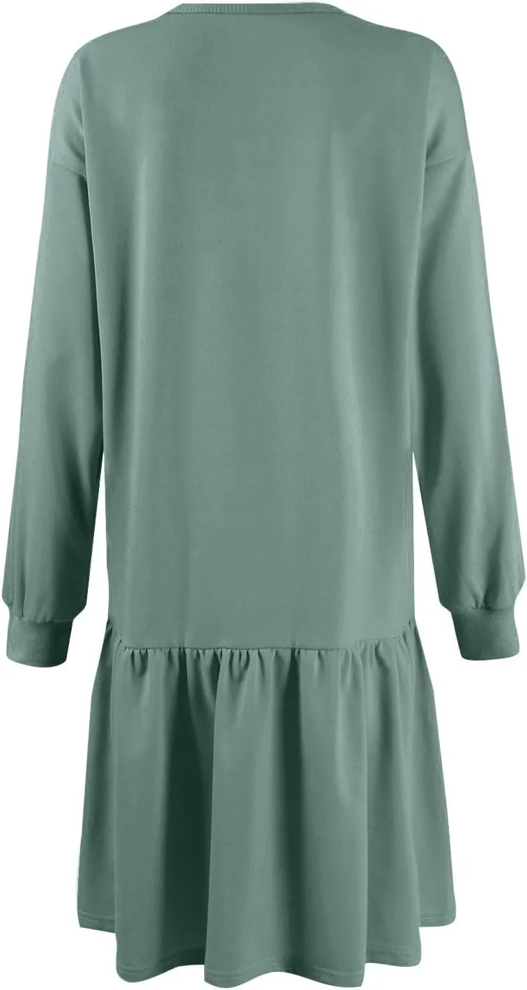 slqdgmryz Sweatshirt Dress Women Fall Crewneck Sweatshirts Oversized Long Sleeve Mini Dress Ruffle Patchwork Sweatshirt