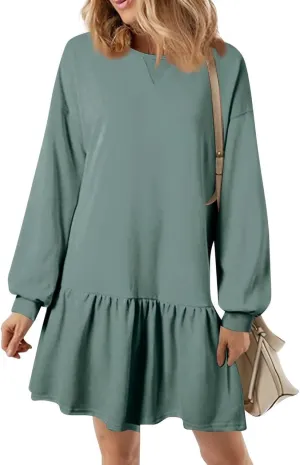 slqdgmryz Sweatshirt Dress Women Fall Crewneck Sweatshirts Oversized Long Sleeve Mini Dress Ruffle Patchwork Sweatshirt