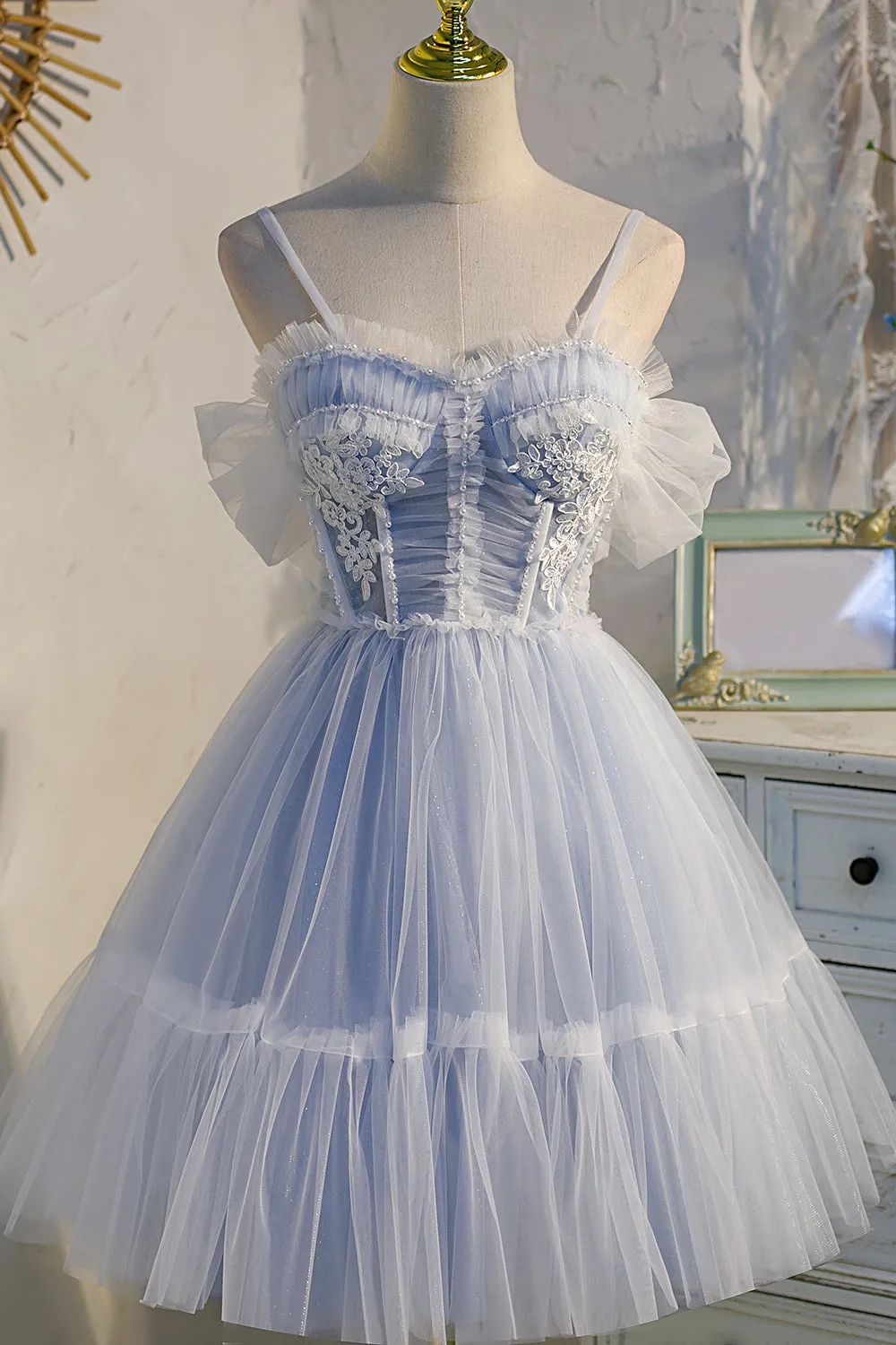 Spaghetti Straps Tulle Lace Appliques Short Prom Dresses With Bow