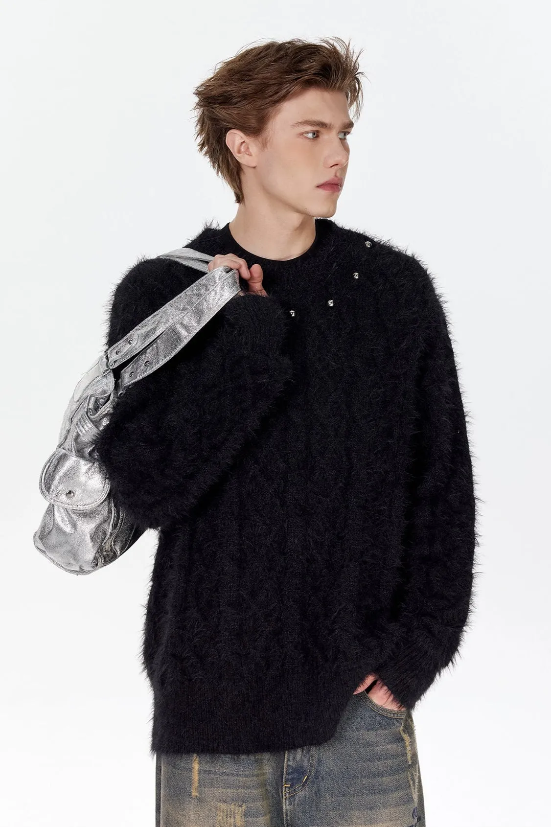 Studded Crew Neck Fuzzy Cable Knit Sweater
