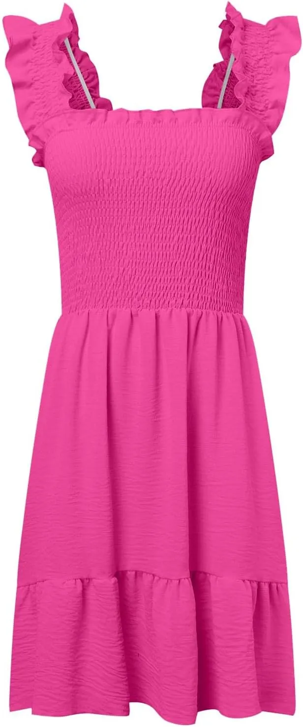 Women Summer Dresses 2025 Casual Boho Smocked Ruffle Sun Beach Babydoll Mini Dress Layered Flowy Swing Dress