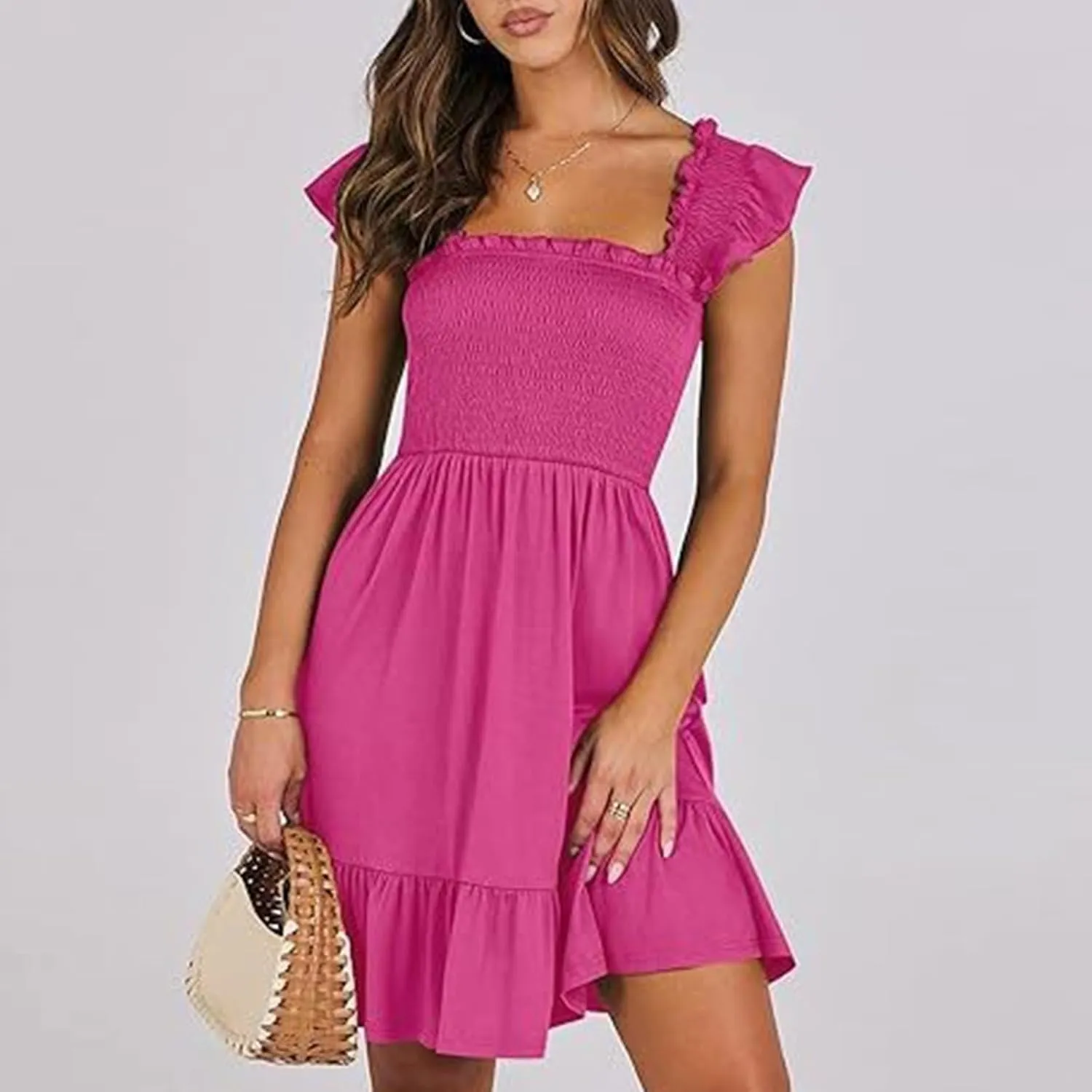 Women Summer Dresses 2025 Casual Boho Smocked Ruffle Sun Beach Babydoll Mini Dress Layered Flowy Swing Dress