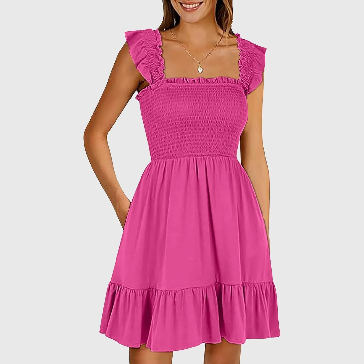 Women Summer Dresses 2025 Casual Boho Smocked Ruffle Sun Beach Babydoll Mini Dress Layered Flowy Swing Dress