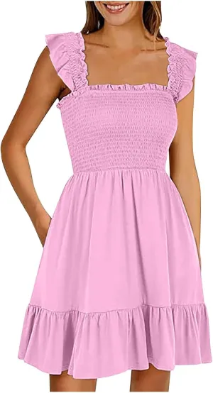 Women Summer Dresses 2025 Casual Boho Smocked Ruffle Sun Beach Babydoll Mini Dress Layered Flowy Swing Dress