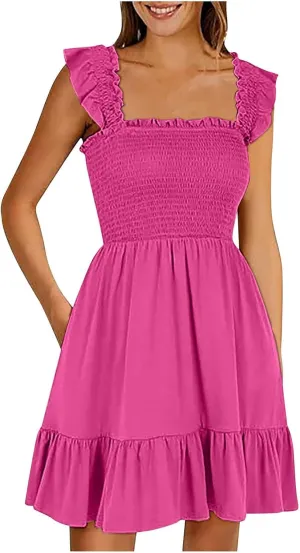 Women Summer Dresses 2025 Casual Boho Smocked Ruffle Sun Beach Babydoll Mini Dress Layered Flowy Swing Dress