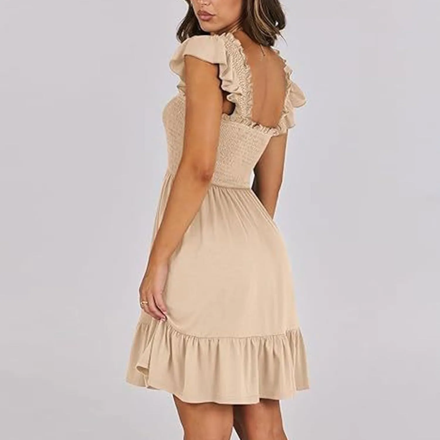 Women Summer Dresses 2025 Casual Boho Smocked Ruffle Sun Beach Babydoll Mini Dress Layered Flowy Swing Dress